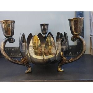 Leonard Silver Plate Lotus Bowl Three Candle Holder Triple Footed.